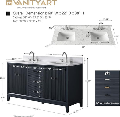 Vanity Art 60" Bathroom Vanity with Double Sink & Arabescato White Engineered Stone Top, Soft Closing Door, Solid Wood Frame, Golden Brushed Handles, Vintage Spruce Blue VA8160D-VSB-GB