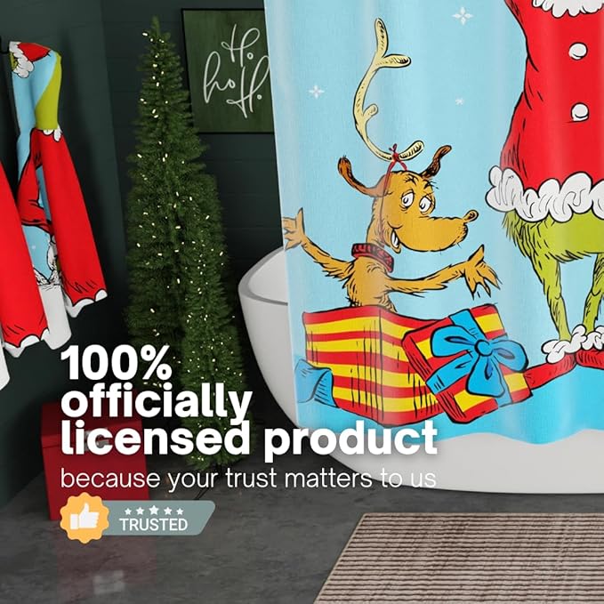 Dr. Seuss The Grinch Holiday 13-Piece Shower Curtain Set, 72 x 72 Inch Fabric Curtain with Hooks, Bathroom Decor, Machine Washable, (100% Officially Licensed Product) by Franco Collectibles