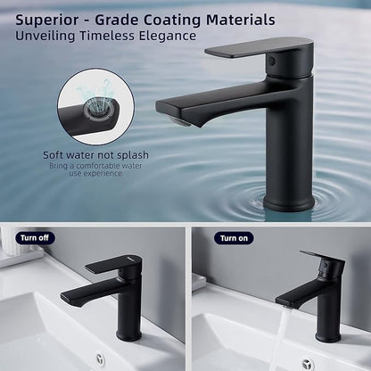 BELZ Bathroom Faucet Matte Black, Tool-Free Modern Single Handle Sink Faucet, Anti-Peeling Single Hole Vanity Faucet, Pre-Installed 24" Lines, Faucet Only