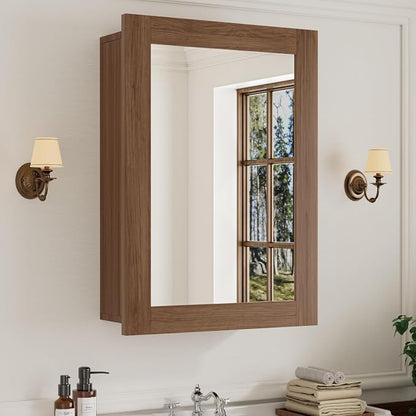 Buruis 20 x 28 Inch Bathroom Wood Medicine Cabinet Mirror, Walnut Finish | Fully Assembled Design, Adjustable Glass Shelves, Soft-Close Hinges, Bathroom Storage Organizer, Left/Right Opening