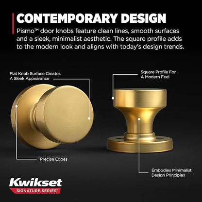Kwikset Pismo Interior Passage Door Knob, Handle for Closet and Hallway Doors, Non-Locking Doorknob, Satin Brass, Round, Microban Protection (Pack of 10)