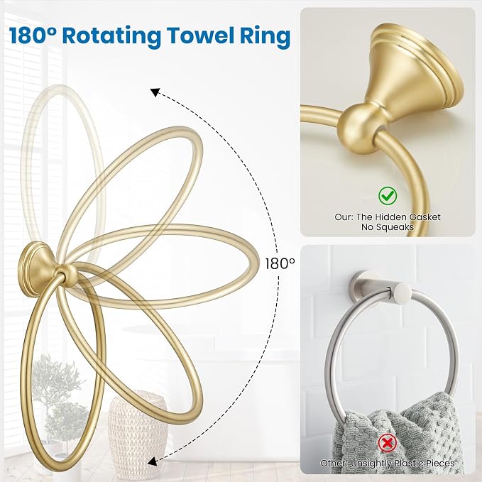 4-Piece Bathroom Hardware Accessories Kit, Zynuhmo Brushed Gold Towel Bar Set Wall Mounted with 20'' Towel Bar, Towel Ring & Toilet Paper Holder, Robe Hook Set Fixtures for Modern Farmhouse Bathroom