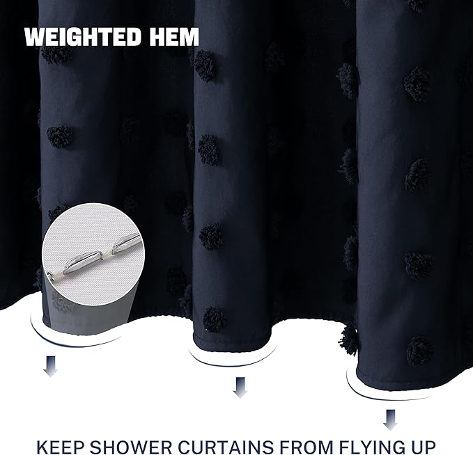 Extra Long Boho Shower Curtain Woven Fabric 84 Inch Navy Blue Shower Curtain, 72 x 84 Tufted Pleat Floral Puffs Textured Modern Minimalist Shower Curtain Set with Hooks for Bathroom