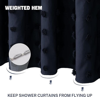 Extra Long Boho Shower Curtain Woven Fabric Navy Blue Shower Curtain, 72 x 78 Tufted Pleat Floral Puffs Textured Modern Minimalist Shower Curtain Set with Hooks for Bathroom