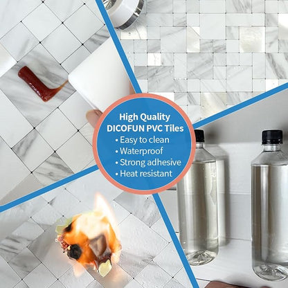 DICOFUN 1 Sheet White Marble Look Peel and Stick Tile Backsplash, Mixed Metal Silver Chips Kitchen and Bathroom Tiles, Stick on Backsplash for Stove