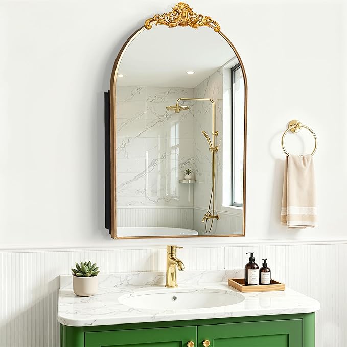 Casaphoria 36" H x 24" W Arched Bathroom Medicine Cabinet with Mirror, Metal Frame Wall Mirror Cabinet,Wall Medicine Cabinets Mirrors, Gold