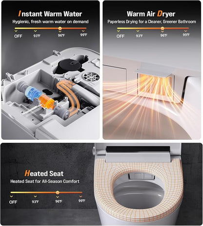 Modern Smart Toilet with Built-In Bidet, Electric Toilet, Auto Open/Close Lid, Heated Seat, Dual Auto Flush & Foot Sensor, Tankless, Warm Water Wash & Dryer, Wireless Remote, 1000g MaP