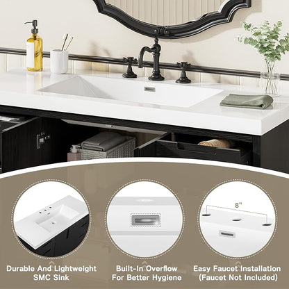 47.2" Bathroom Vanity with 6 Drawers & Resin Sink, Black | 47.2" bathroom vanity with 6 drawers, soft-close doors, SMC resin sink, adjustable shelf and modern design