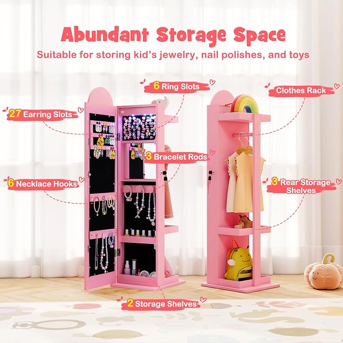 HONEY JOY Kids Jewelry Cabinet with LED Lights, Rainbow Standing Jewelry Armoire w/Full-Length Mirror & Makeup Mirror, Ring Slot, Lockable Princess Jewelry Organizer Storage for Toddler Girls(Pink)