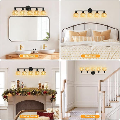 Bathroom Light Fixtures, 5-Light Brushed Black Vanity Lights for Bathroom with Amber Tulip Glass Shade, 30" Vintage Bathroom Vanity Lighting Fixtures Over Mirror for Bedroom Living Room Hallway
