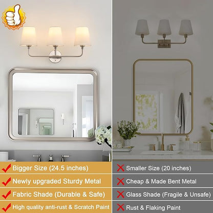 Bathroom Light Fixtures, 3-Light Brushed Nickel Vanity Lights, 25" Bathroom Lighting Fixtures Over Mirror with White Flared Fabric Shade, Modern Wall Sconces for Bathroom Bedroom Living Room Hallway