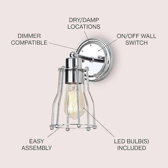 JONATHAN Y 5.13" Chrome Modern Industrial Metal Vanity Light, Bathroom Sconce for Mirror, Reversible 1-Light Wall Lamp with Metal Cage Shade for Hallway, LED Bulb Included JYL7415A