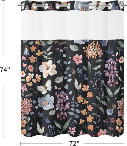 Litabel No Hook Black Watercolor Floral Shower Curtain and Liner Set, 72x74 | Flower Shower Curtains with Snap-in Liner for Farmhouse Bathroom Decor, Botanical Bathroom Curtain with Leaves