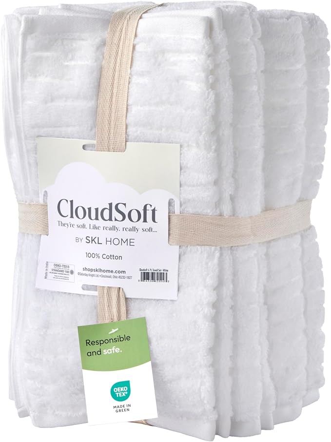 SKL Home CloudSoft Bath Towel Set, 6-Piece, 100% Cotton Luxury, White | 2 Bath towels, 2 hand towels, 2 washcloths. Premium spa-level quality. 600/520 GSM weight. Ultra plush & absorbent.