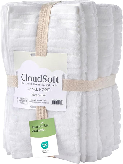 SKL Home CloudSoft Bath Towel Set, 6-Piece, 100% Cotton Luxury, White | 2 Bath towels, 2 hand towels, 2 washcloths. Premium spa-level quality. 600/520 GSM weight. Ultra plush & absorbent.