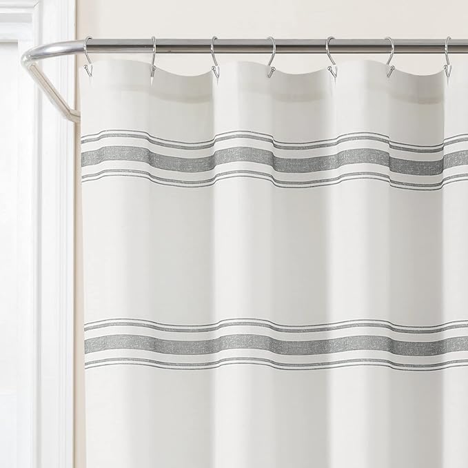 Lush Decor Farmhouse Stripe Cotton Shower Curtain, 72" W x 72" L, Dark Gray - Striped Bathroom Curtain - Fabric Shower Curtains - Farmhouse Bathroom Decor