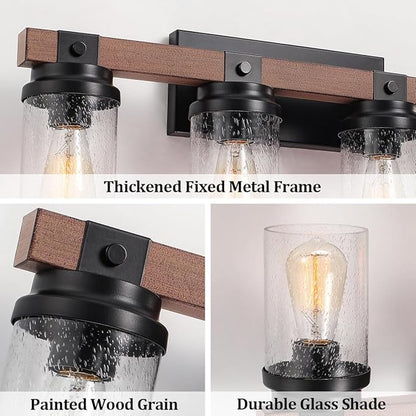 4-Lights Farmhouse Bathroom Vanity Light, Rustic Wood Bathroom Light Fixtures Over Mirror Antique Black Vanity Light with Clear Glass Shade, Farmhouse Wall Sconces Lighting
