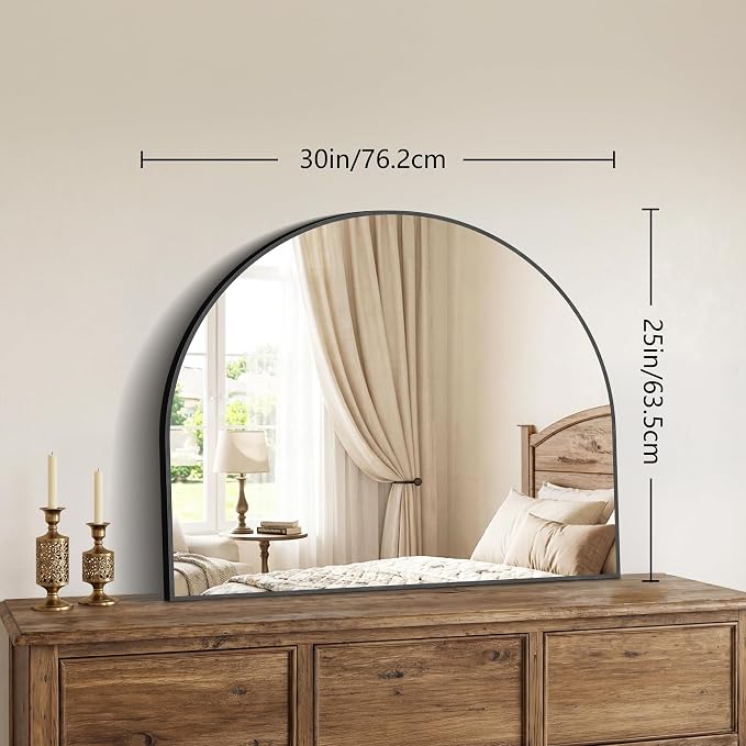 Arched Bathroom Mirror 30" W x 25" H, Bathroom Mirror for Over Sink, Wide Wall Vanity Mirror with Aluminum Frame & Tempered Glass, Ideal for Mantel, Entryway, Bedroom, Living Room, Black