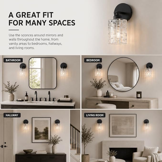 2-Pack 1-Light Modern Matte Black Crystal Wall Sconces, Hardwired Indoor Bathroom Vanity Light Fixtures, Crystal Over Mirror Lamps for Living Room, Bedroom, Hallway
