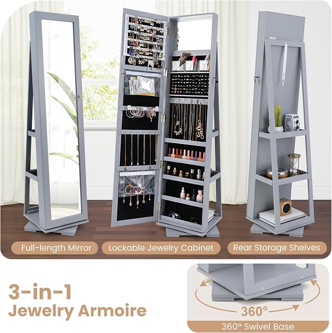 GOFLAME 360° Rotating Jewelry Armoire, Lockable Jewelry Cabinet with Full-Length Mirror & Inner Makeup Mirror, Standing Jewelry Storage Organizer with Rear Storage Shelves, Gray