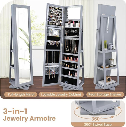 GOFLAME 360° Rotating Jewelry Armoire, Lockable Jewelry Cabinet with Full-Length Mirror & Inner Makeup Mirror, Standing Jewelry Storage Organizer with Rear Storage Shelves, Gray