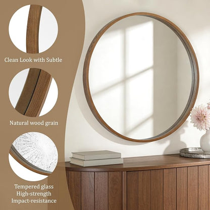 Round Wood Mirror, 36" Round Modern Decoration Large Circle Wall Mirror for Bathroom Living Room Bedroom Entryway, Walnut