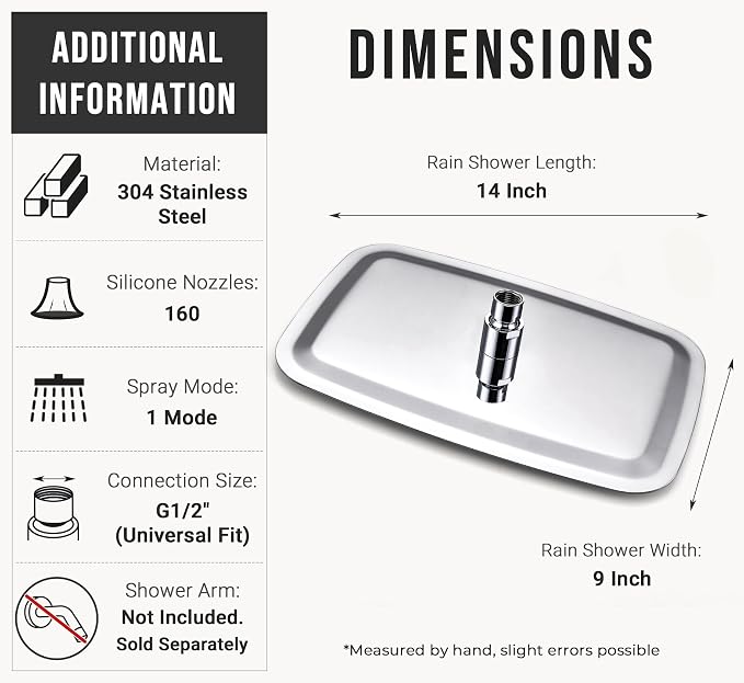 G-Promise All Metal 14 Inch Large Rain Shower Head for Ceiling or Wall | Built to Last, Rust Resistant 304 Stainless Steel, Easy to Install, Full Body Coverage Rainfall Shower Head, Daily SPA