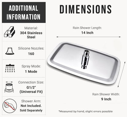 G-Promise All Metal 14 Inch Large Rain Shower Head for Ceiling or Wall | Built to Last, Rust Resistant 304 Stainless Steel, Easy to Install, Full Body Coverage Rainfall Shower Head, Daily SPA