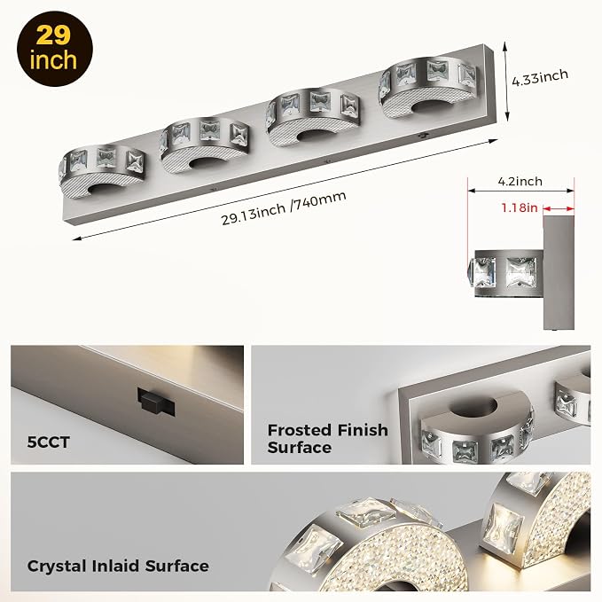 Modern Bathroom Vanity Lights 29.1 inch 32W 5 Color Temperature Brushed Nickel (4-Light,Dimmable) Crystal Bathroom Light Fixtures for Bathroom Mirror Restroom-ETL Certificated