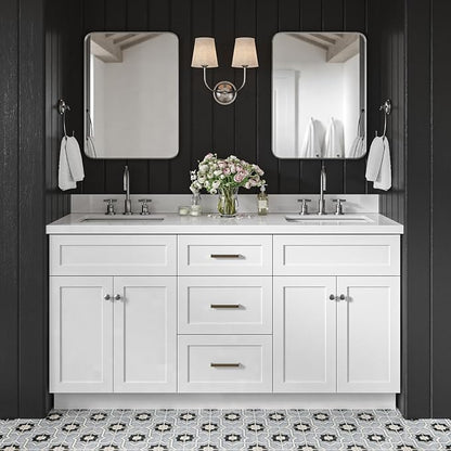 Bradford 66" White Double Bathroom Vanity with 1.5" Pure White Quartz Countertop, Rectangular Undermount Sinks, 2 Soft Closing Doors, 3 Dovetail Drawers