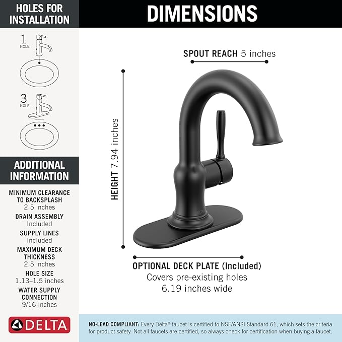 Delta Roe Matte Black Bathroom Faucet 1 Hole, Single Hole Bathroom Sink Faucet for Vanity, Push-Pop Drain Assembly, Matte Black 15985LF-BL