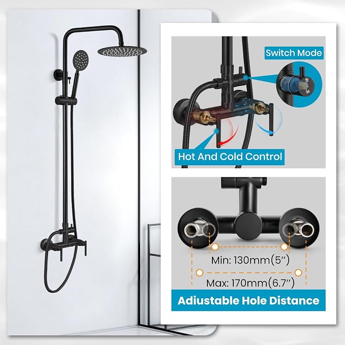gotonovo Outdoor Shower 304 Stainless Steel, Matte Black, Lever Handle | Rain 8 Inch Outdoor Shower Head with Handheld Kit Fixtures System Faucet Set with Valve Wall Mount for Seaside Backyard Pool