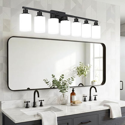 Indoi 7-Light Bathroom Light Fixtures, Matte Black Modern Vanity Lights with Milky White Shades, Bathroom Wall Lamp for Mirror Living Room Cabinet Bedroom Porch