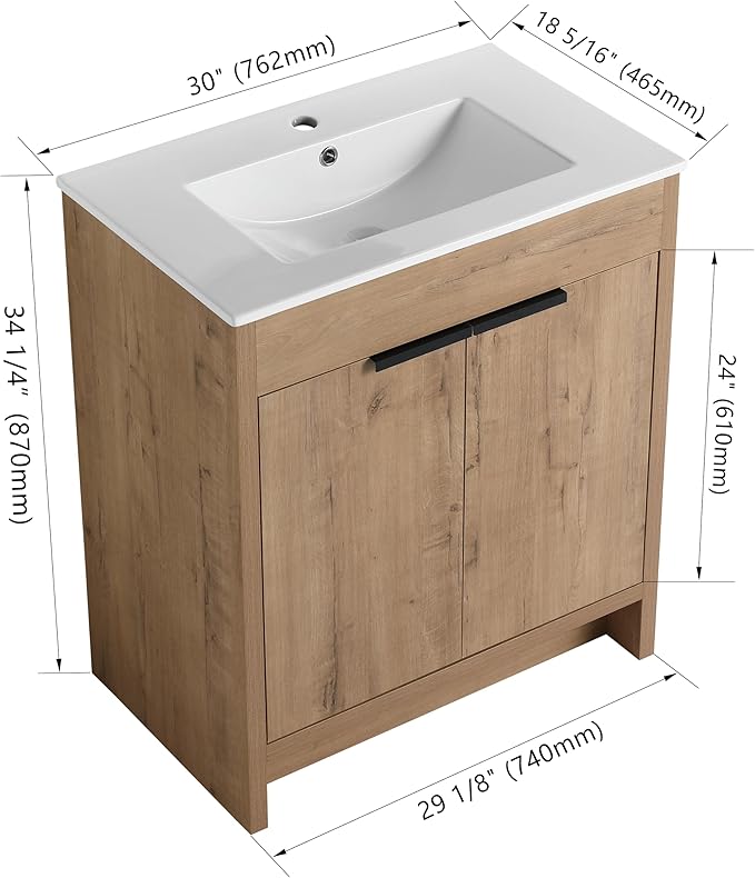 SSLine 30-Inch Bathroom Vanity with Sink Mid-Century Bathroom Vanities with Top Basin Floor Wood Bathroom Sink Cabinet with Soft-Close Doors & Adjustable Storage Shelves (Natural Brown)