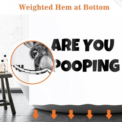 Aimego Funny Donkey are You Pooping Shower Curtain Novelty Hilarious Whimsical Rustic Farmhouse Black and White Bathroom Bath Decor Bathtub Curtain Fabric Shower Curtain Set with 12 Hooks, 72"x72"