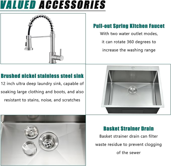 25 Inch Drop In Utility Sink with Faucet, 25"x22"x12" Drop In Laundry Sink 16 Gauge Stainless Steel Utility Sink 12" Deep Single Bowl Laundry Room Sink
