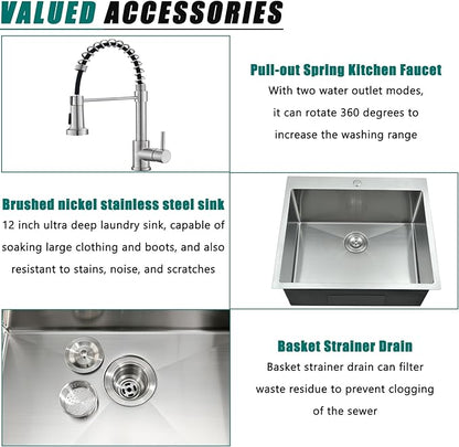 25 Inch Drop In Utility Sink with Faucet, 25"x22"x12" Drop In Laundry Sink 16 Gauge Stainless Steel Utility Sink 12" Deep Single Bowl Laundry Room Sink