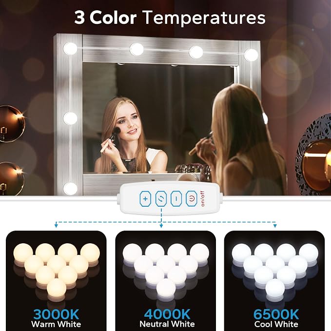 LED Vanity Lights For Mirror, Vanity Lights Stick on with 10 Dimmable Bulbs | 3000K 4000K 6500K & 10 Level Brightness Adjustable, USB Cable, Hollywood Mirror Lights for Makeup Dressing Room Bathroom