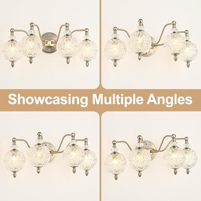 4-Light Brushed Nickel Bathroom Vanity Light, Modern Brushed Nickel Finish Wall Sconce with Globe Glass Shades, Modern Mirror Light for Bathroom, Powder Room