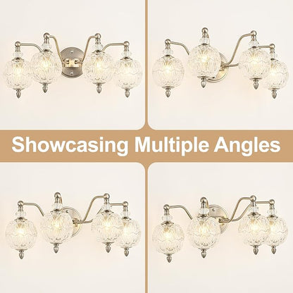 4-Light Brushed Nickel Bathroom Vanity Light, Modern Brushed Nickel Finish Wall Sconce with Globe Glass Shades, Modern Mirror Light for Bathroom, Powder Room