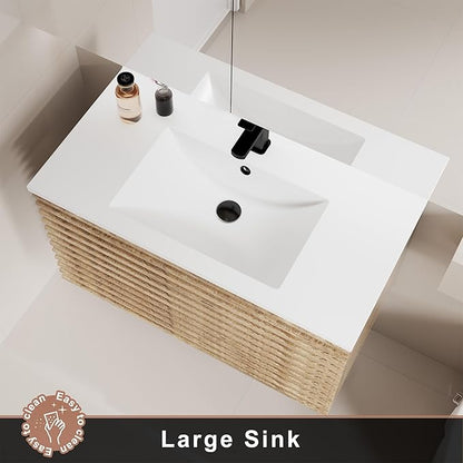 LUCKWIND 36" Floating Bathroom Vanity with Sink, Mid-Century Wall Mounted Big Drawer Cabinet with Large Sink, Water Saving Faucet and Wood Stripes Style, Oak