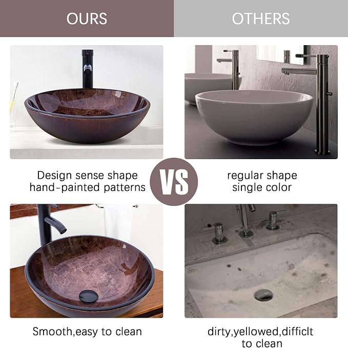 Bathroom Vessel Sink 16.5" Vessel Sinks Tempered Glass Brown Art Basin Round Bowl with Faucet Combo Brown,Countertop Bowl Sink for Lavatory Vanity Cabinet