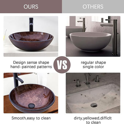 Bathroom Vessel Sink 16.5" Vessel Sinks Tempered Glass Brown Art Basin Round Bowl with Faucet Combo Brown,Countertop Bowl Sink for Lavatory Vanity Cabinet