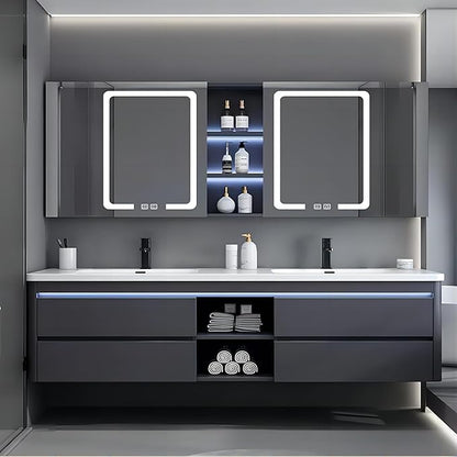 55IN Double Sink Vanity, 4 Drawers, Two LED Smart Touch Mirror Cabinets, Open Center Compartment, Body Sensor Lights, Wall Mounted Storage Vanity (63IN)