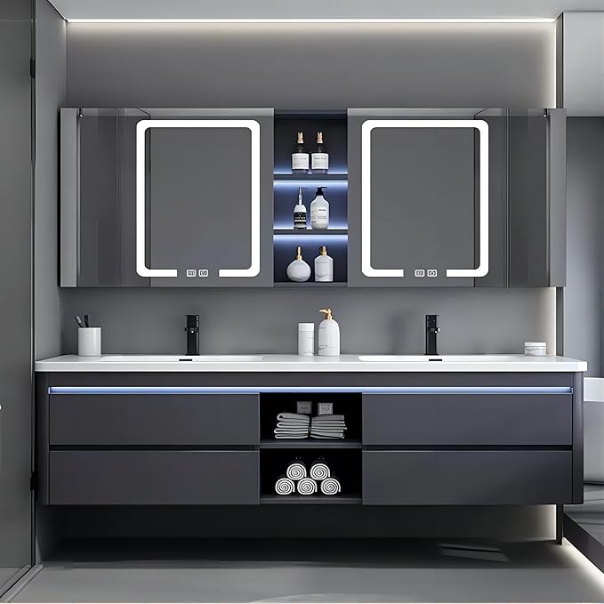 55IN Double Sink Vanity, 4 Drawers, Two LED Smart Touch Mirror Cabinets, Open Center Compartment, Body Sensor Lights, Wall Mounted Storage Vanity (75IN)