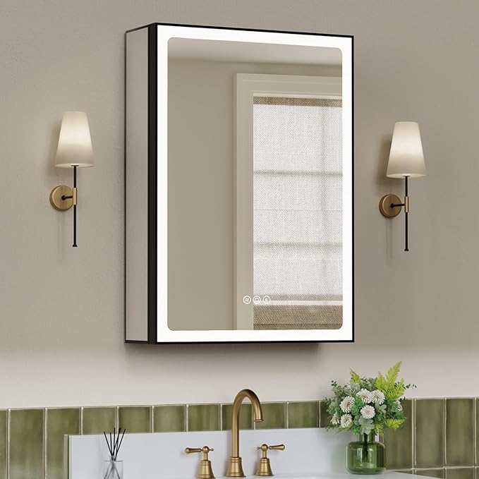 20x28 Inch Medicine Cabinet with Lights and Mirror, Recessed or Surface Mount LED Bathroom Medicine Cabinet, Anti-Fog, Adjustable Shelf, Dimmable Light, Outlets & USB, ETL Listed, Left Hinge,Black