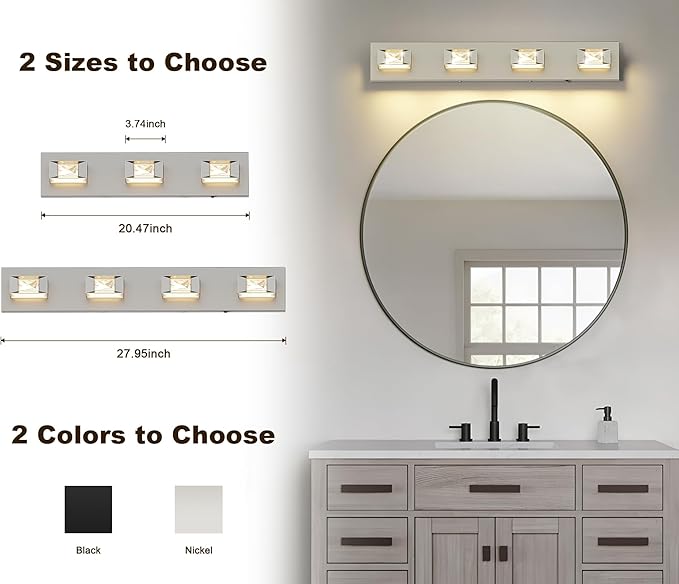 Joossnwell Brushed Nickel Bathroom Lights Fixtures Over Mirror (4-Light, 28-Inch) Crystal Vanity Light 5CCT Dimmable Modern Led Bathroom Lighting with 350°Rotatable Head