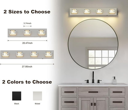 Joossnwell Brushed Nickel Bathroom Lights Fixtures Over Mirror (4-Light, 28-Inch) Crystal Vanity Light 5CCT Dimmable Modern Led Bathroom Lighting with 350°Rotatable Head