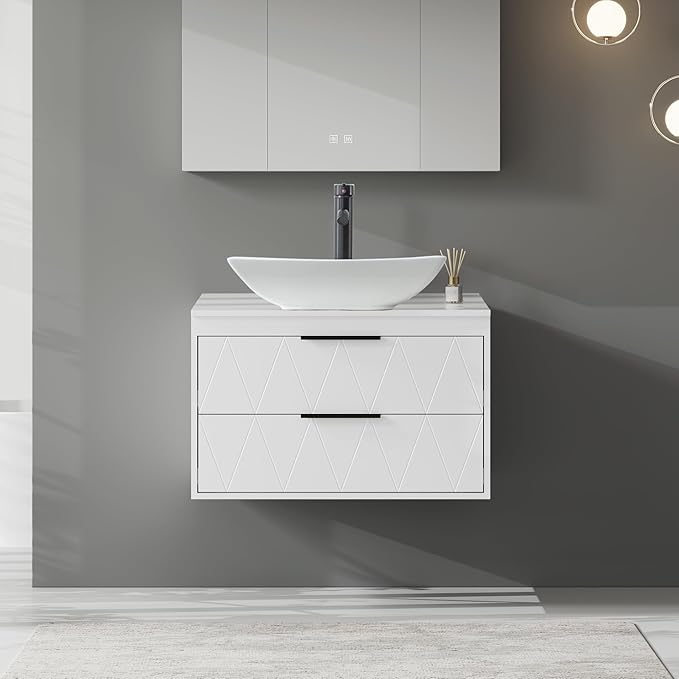 eclife 30" Floating Bathroom Vanities with Sink Combo, Wall Mounted Modern Cabinet W/Diamond Line Pattern Design, White Curved Ceramic Vessel Sink W/Water Save Faucet & Pop Up Drain, White