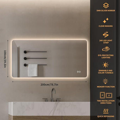 LAIYA 78.7"L x 39.3"W Rectangular LED Bathroom Mirror with Lights, Anti-Fog | Dimmable LED Bathroom Mirror with Lights, Frameless Anti-Fog Vanity Mirror, HD Silver, Horizontal/Vertical Installation.